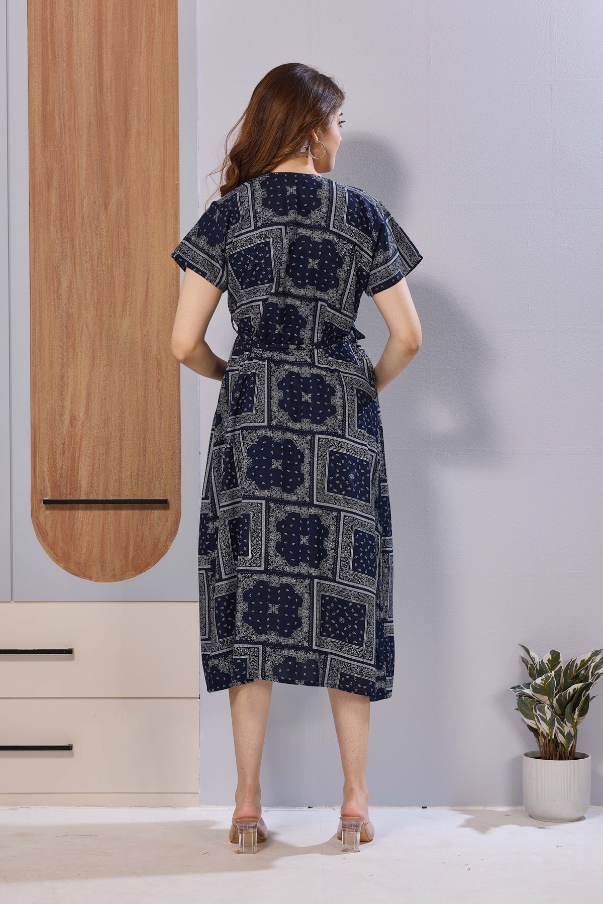 Navy Blue Ethnic Print Rayon Maternity Maxi Dress for Women | Feeding Zip Nursing Wear with Side Pocket | Adjustable Back Tie Pregnancy & Casual Wear (FIO-M