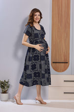 Navy Blue Ethnic Print Rayon Maternity Maxi Dress for Women | Feeding Zip Nursing Wear with Side Pocket | Adjustable Back Tie Pregnancy & Casual Wear (FIO-M