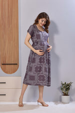 Navy Blue Ethnic Print Rayon Maternity Maxi Dress for Women | Feeding Zip Nursing Wear with Side Pocket | Adjustable Back Tie Pregnancy & Casual Wear (FIO-M