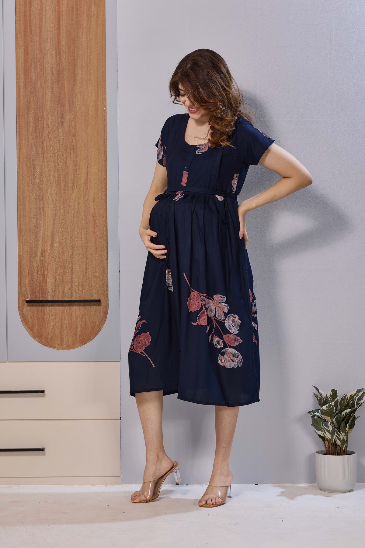 Wine Purple Floral Print Rayon Maternity Maxi Dress for Women | Feeding Zip Nursing Wear with Side Pocket | Adjustable Tie Pregnancy & Casual Wear (FIO-M)