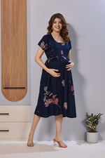 Wine Purple Floral Print Rayon Maternity Maxi Dress for Women | Feeding Zip Nursing Wear with Side Pocket | Adjustable Tie Pregnancy & Casual Wear (FIO-M)