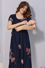 Wine Purple Floral Print Rayon Maternity Maxi Dress for Women | Feeding Zip Nursing Wear with Side Pocket | Adjustable Tie Pregnancy & Casual Wear (FIO-M)
