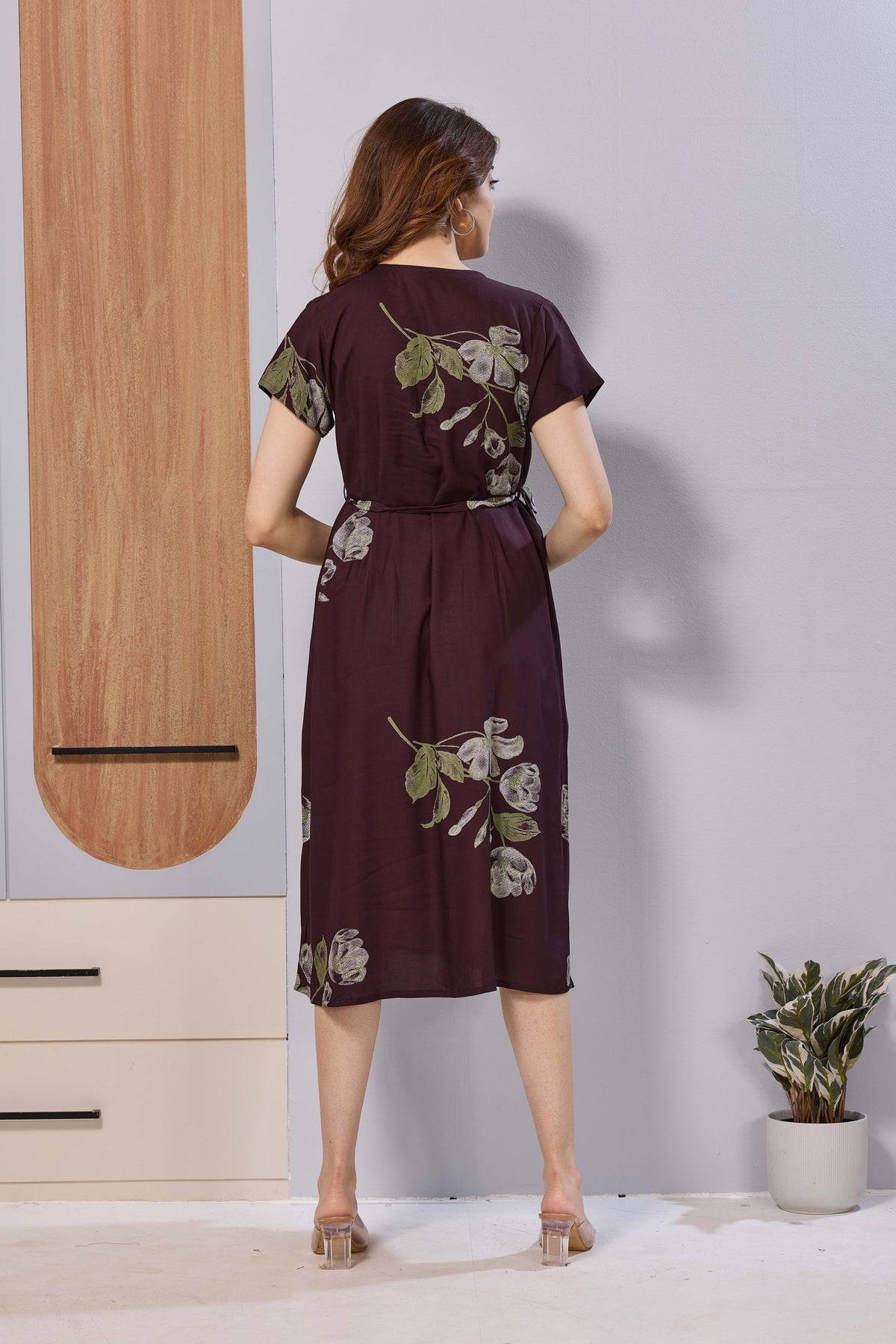 Wine Purple Floral Print Rayon Maternity Maxi Dress for Women | Feeding Zip Nursing Wear with Side Pocket | Adjustable Tie Pregnancy & Casual Wear (FIO-M)