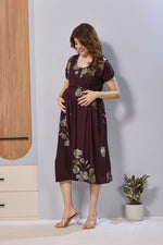 Wine Purple Floral Print Rayon Maternity Maxi Dress for Women | Feeding Zip Nursing Wear with Side Pocket | Adjustable Tie Pregnancy & Casual Wear (FIO-M)