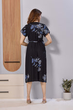 Wine Purple Floral Print Rayon Maternity Maxi Dress for Women | Feeding Zip Nursing Wear with Side Pocket | Adjustable Tie Pregnancy & Casual Wear (FIO-M)