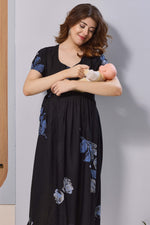 Wine Purple Floral Print Rayon Maternity Maxi Dress for Women | Feeding Zip Nursing Wear with Side Pocket | Adjustable Tie Pregnancy & Casual Wear (FIO-M)