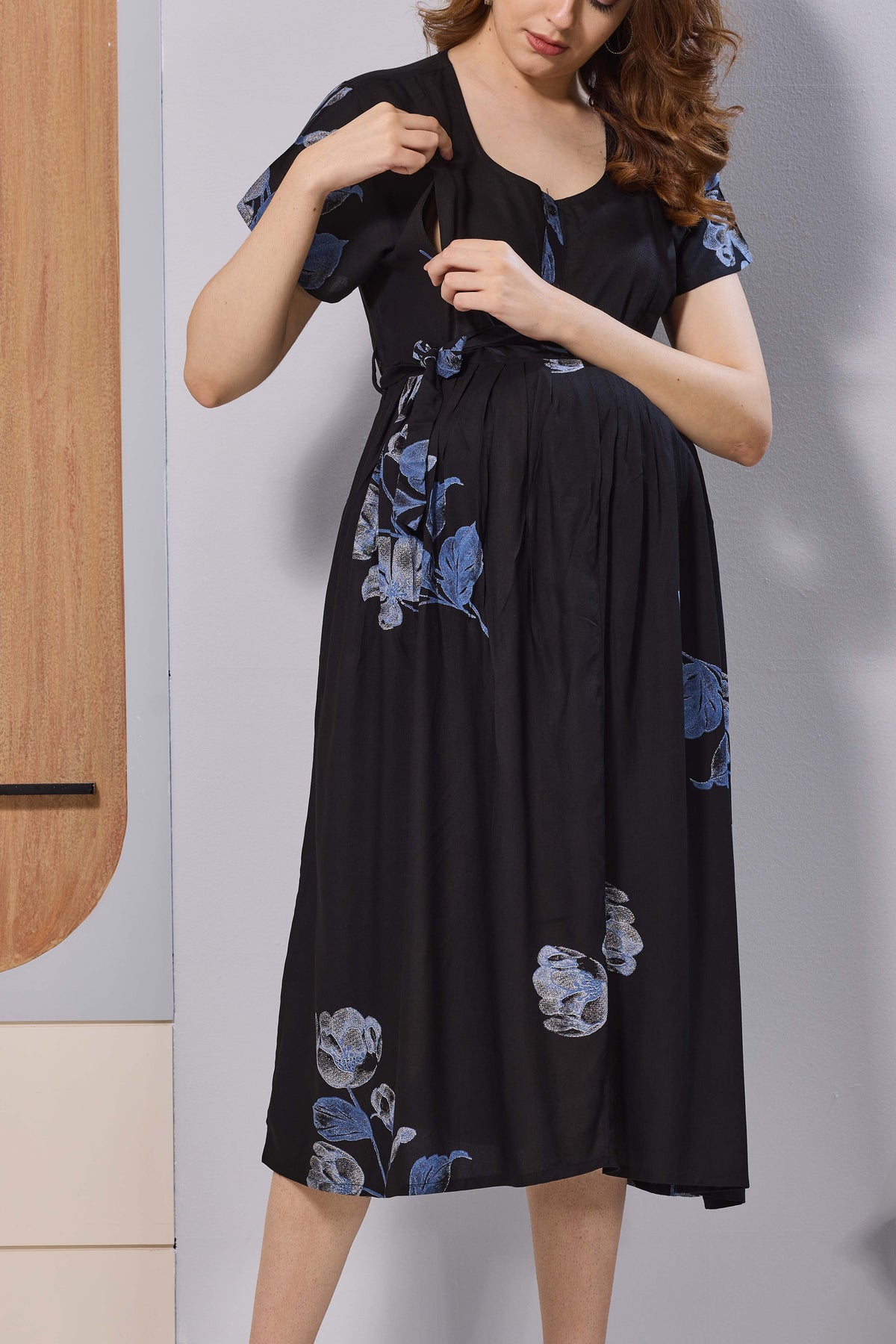 Wine Purple Floral Print Rayon Maternity Maxi Dress for Women | Feeding Zip Nursing Wear with Side Pocket | Adjustable Tie Pregnancy & Casual Wear (FIO-M)