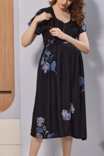 Wine Purple Floral Print Rayon Maternity Maxi Dress for Women | Feeding Zip Nursing Wear with Side Pocket | Adjustable Tie Pregnancy & Casual Wear (FIO-M)
