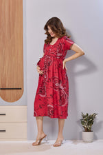 Ruby Red Abstract Print Rayon Maternity Maxi Dress for Women | Feeding Zip Nursing Wear with Side Pocket | Adjustable Tie Pregnancy & Casual Wear (FIO-M)