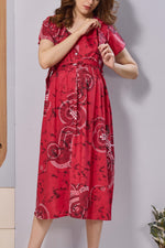 Ruby Red Abstract Print Rayon Maternity Maxi Dress for Women | Feeding Zip Nursing Wear with Side Pocket | Adjustable Tie Pregnancy & Casual Wear (FIO-M)