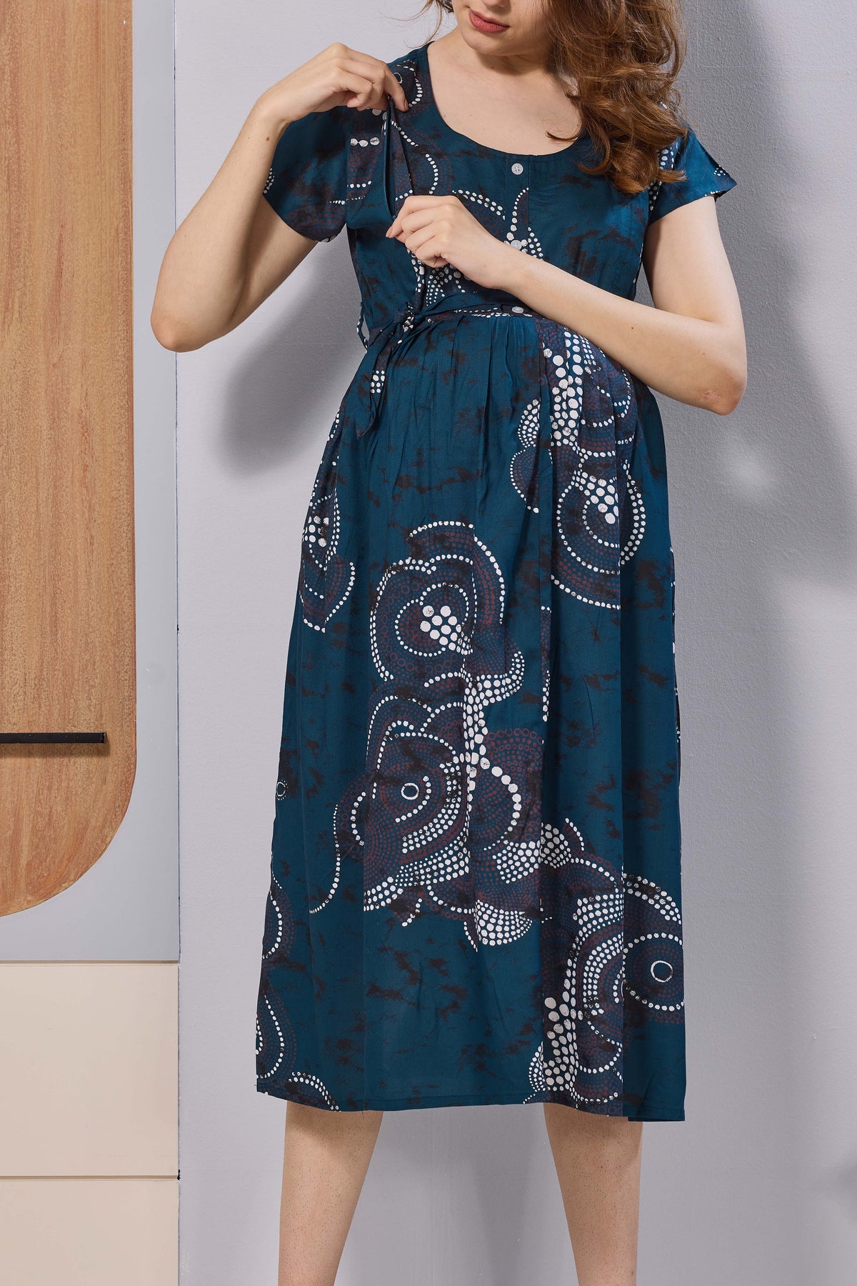 Ruby Red Abstract Print Rayon Maternity Maxi Dress for Women | Feeding Zip Nursing Wear with Side Pocket | Adjustable Tie Pregnancy & Casual Wear (FIO-M)
