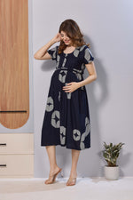 Black Printed Rayon Maternity Maxi Dress with Feeding Zipper | Adjustable Tie-Up | Soft Breathable Pregnancy & Nursing Wear (FIO-M)