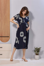 Black Printed Rayon Maternity Maxi Dress with Feeding Zipper | Adjustable Tie-Up | Soft Breathable Pregnancy & Nursing Wear (FIO-M)