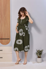 Black Printed Rayon Maternity Maxi Dress with Feeding Zipper | Adjustable Tie-Up | Soft Breathable Pregnancy & Nursing Wear (FIO-M)