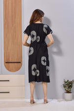 Black Printed Rayon Maternity Maxi Dress with Feeding Zipper | Adjustable Tie-Up | Soft Breathable Pregnancy & Nursing Wear (FIO-M)