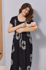 Black Printed Rayon Maternity Maxi Dress with Feeding Zipper | Adjustable Tie-Up | Soft Breathable Pregnancy & Nursing Wear (FIO-M)
