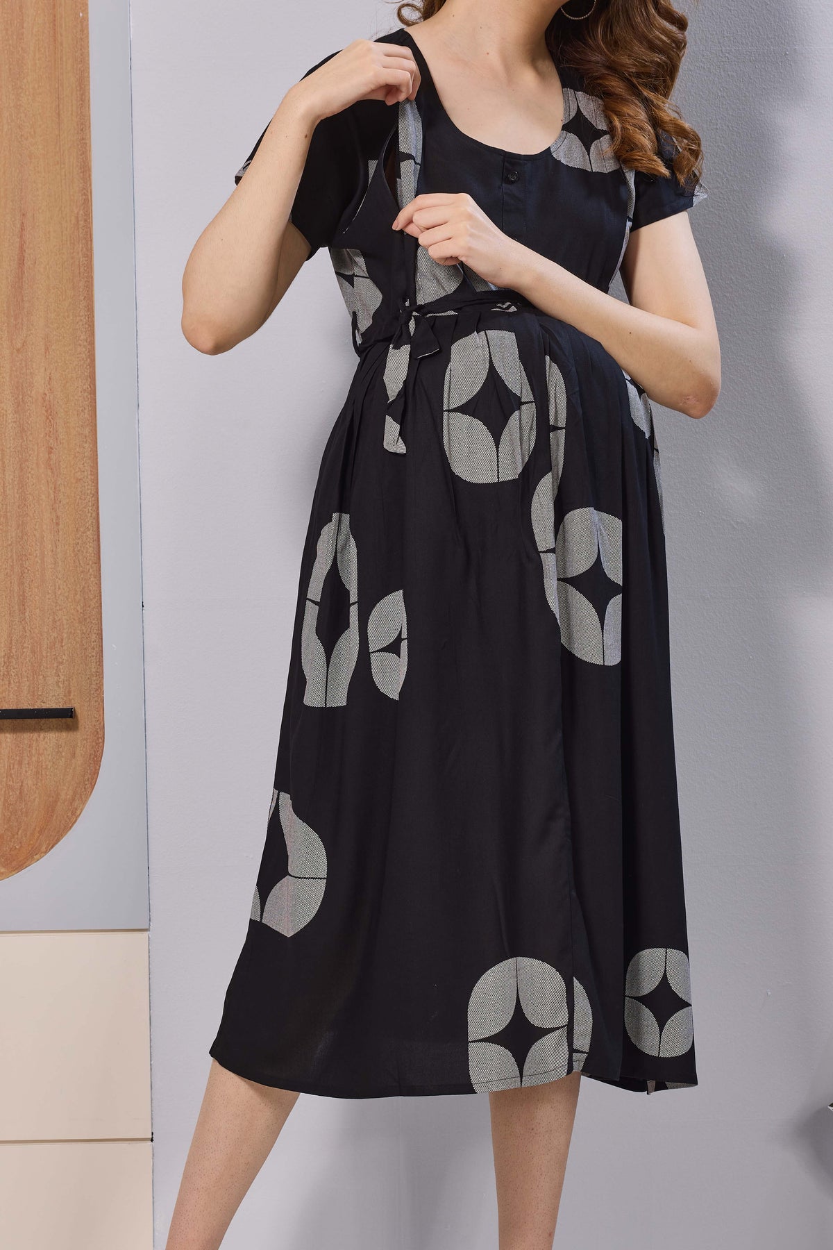 Black Printed Rayon Maternity Maxi Dress with Feeding Zipper | Adjustable Tie-Up | Soft Breathable Pregnancy & Nursing Wear (FIO-M)