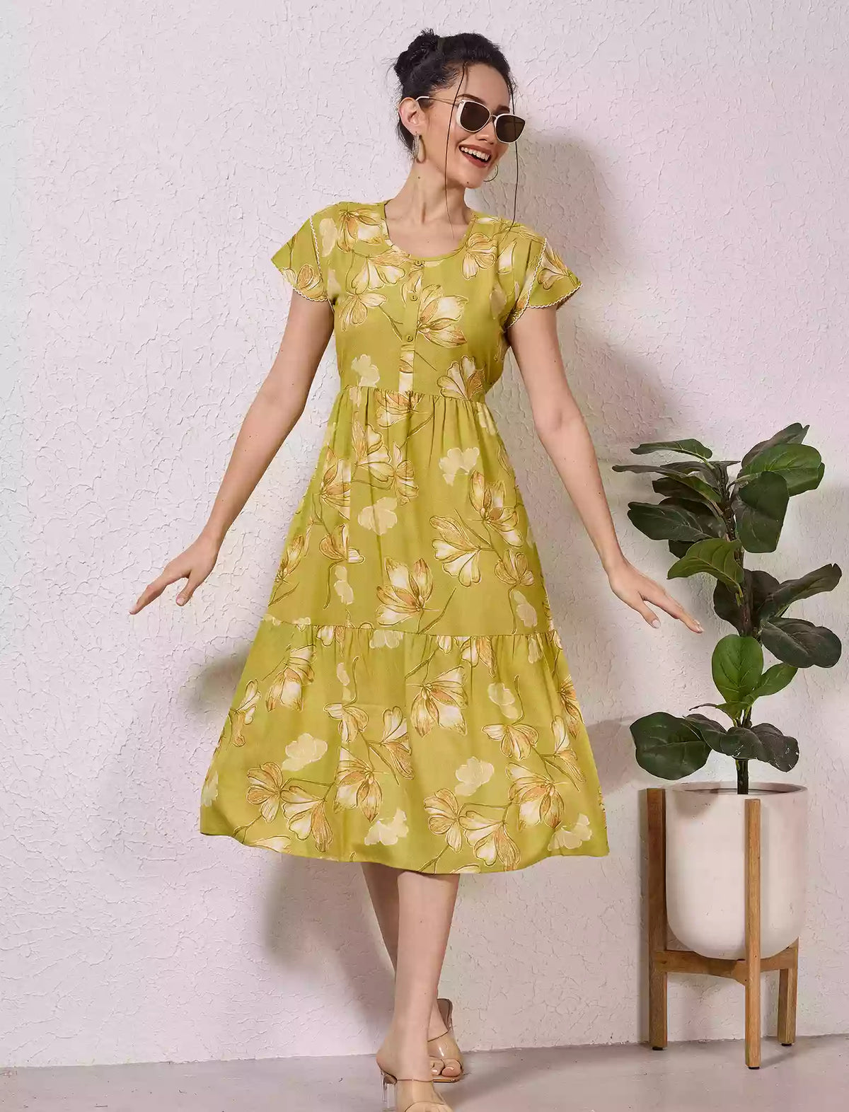 Alpine Petal Sleeve Floral Printed Maxi Dress Side Pocket - Mangai Nighties