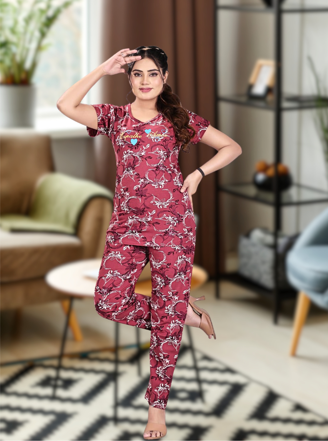 MANGAI Stylish HOSIERY Round Neck Night Suits | Stylish Print's All Over | Top & Bottom Set | Half Sleeve | Trendy Night Suits for Stylish Women's (HRPS)