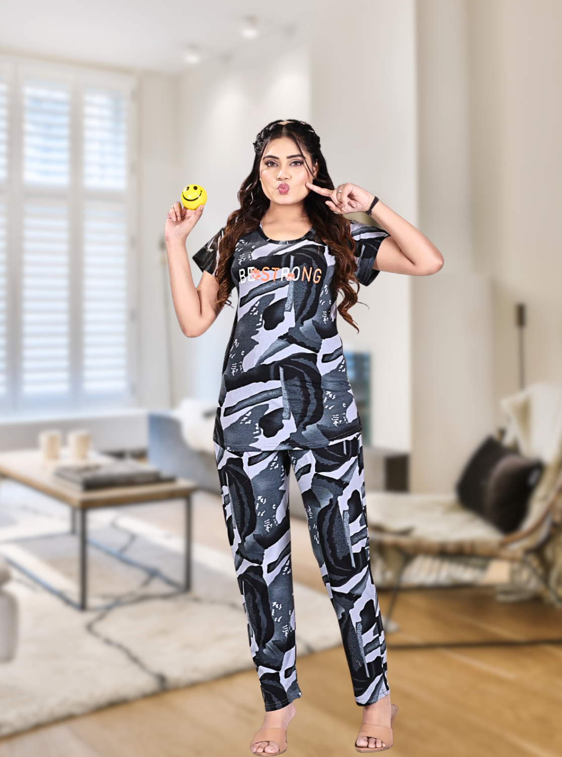 MANGAI Stylish HOSIERY Round Neck Night Suits | Stylish Print's All Over | Top & Bottom Set | Half Sleeve | Trendy Night Suits for Stylish Women's (HRPS)