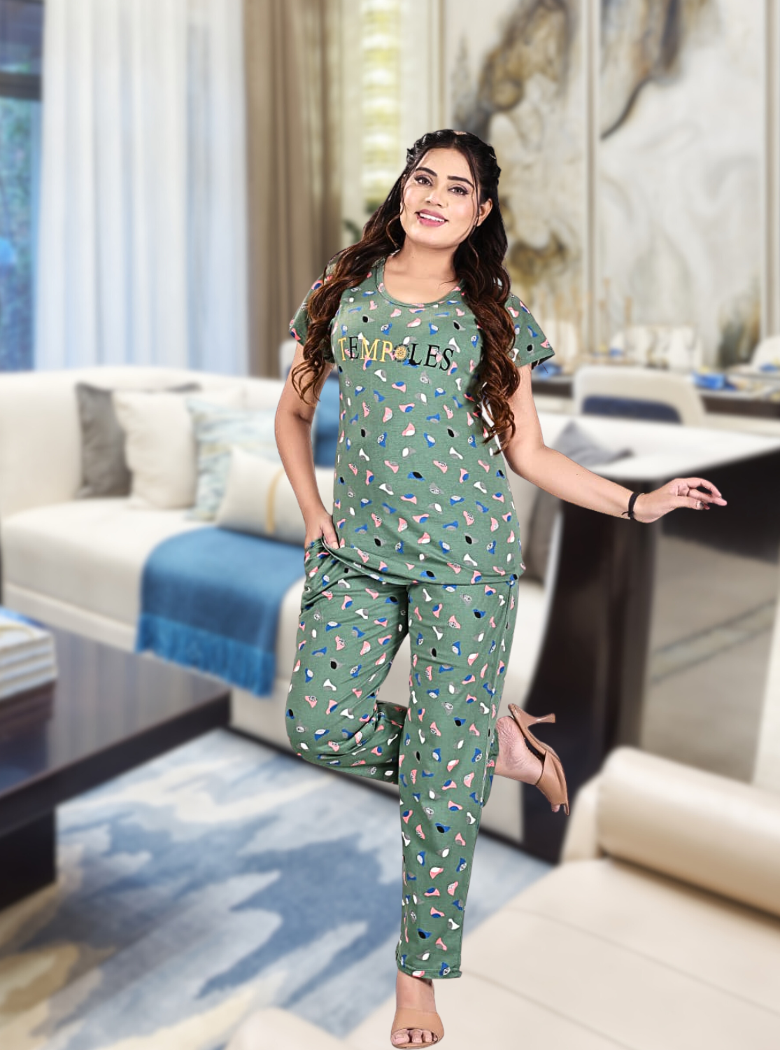 MANGAI Stylish HOSIERY Round Neck Night Suits | Stylish Print's All Over | Top & Bottom Set | Half Sleeve | Trendy Night Suits for Stylish Women's (HRPS)