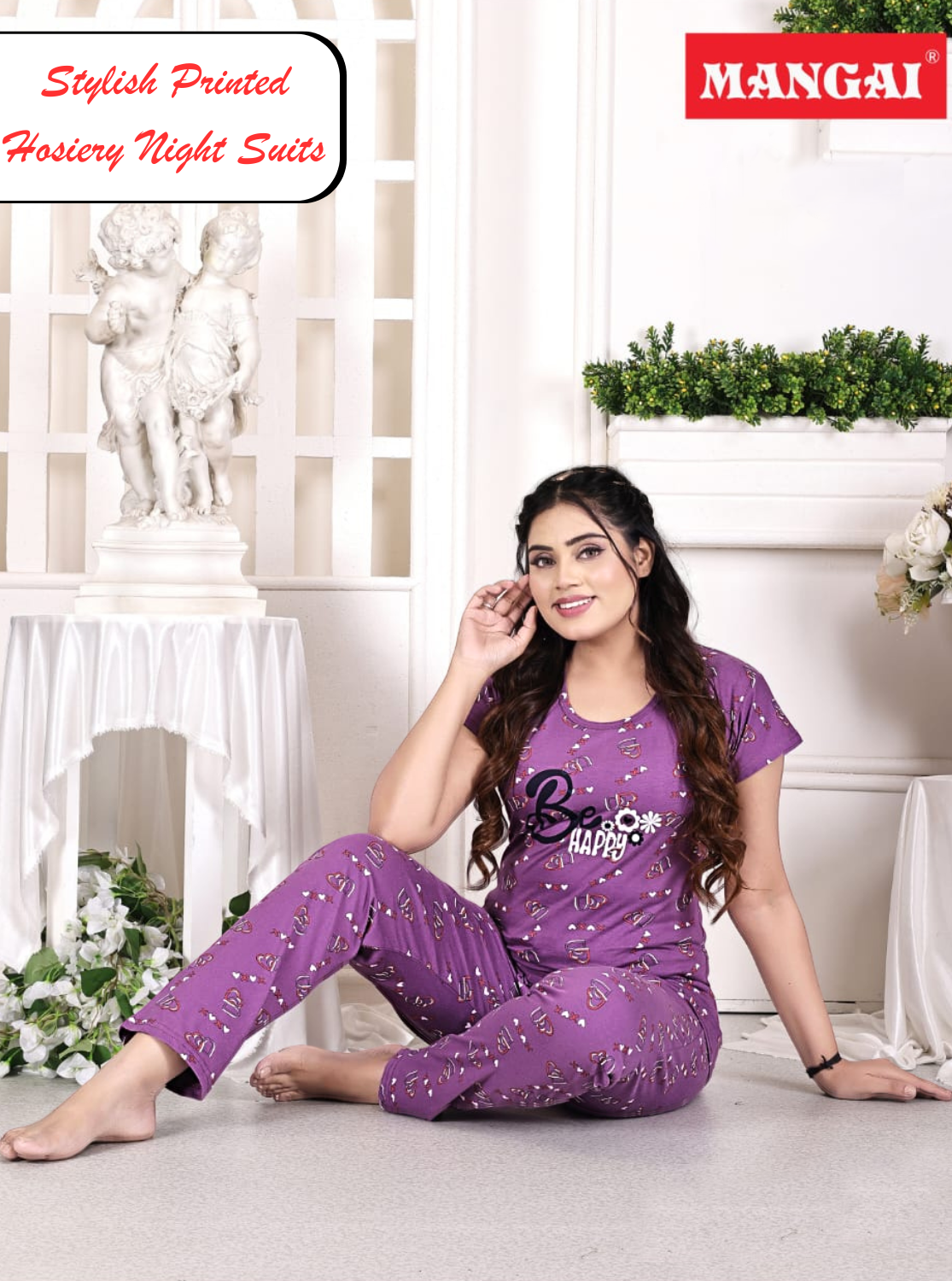 MANGAI Stylish HOSIERY Round Neck Night Suits | Stylish Print's All Over | Top & Bottom Set | Half Sleeve | Trendy Night Suits for Stylish Women's (HRPS)