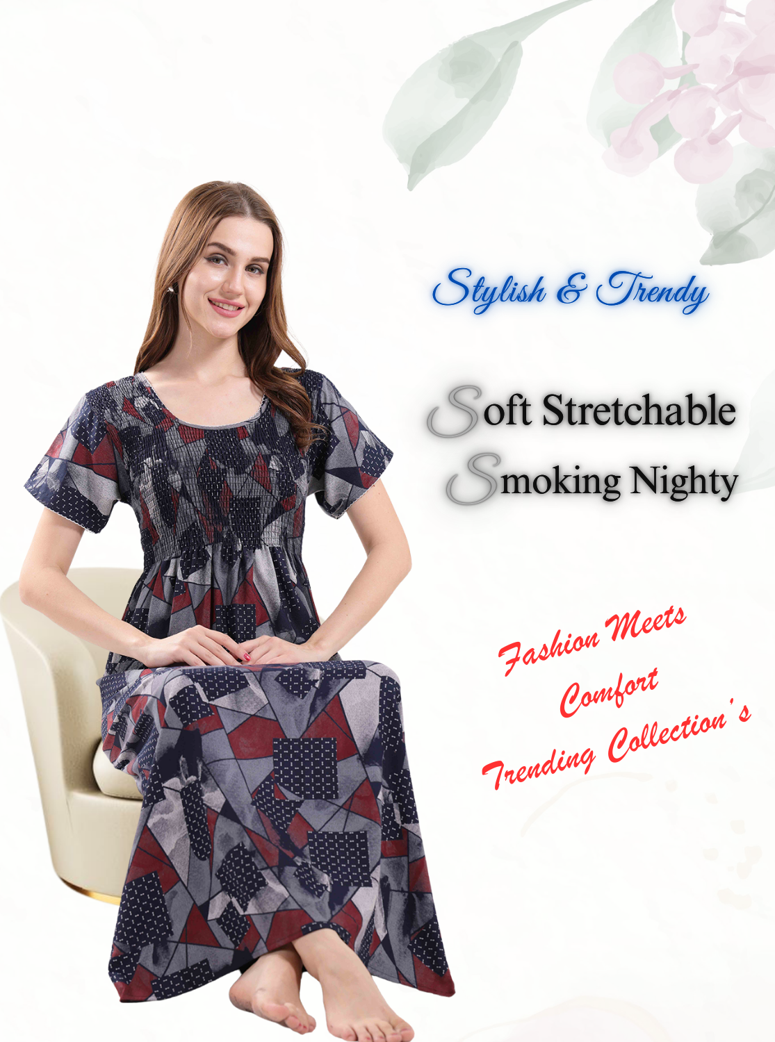 New Arrivals ALPINE Smocking Nighty | Beautiful Pleated Design | Side Pocket | Stylish Nighty for Trendy Women's | Your Perfect Nightwear Collection's (ALS)
