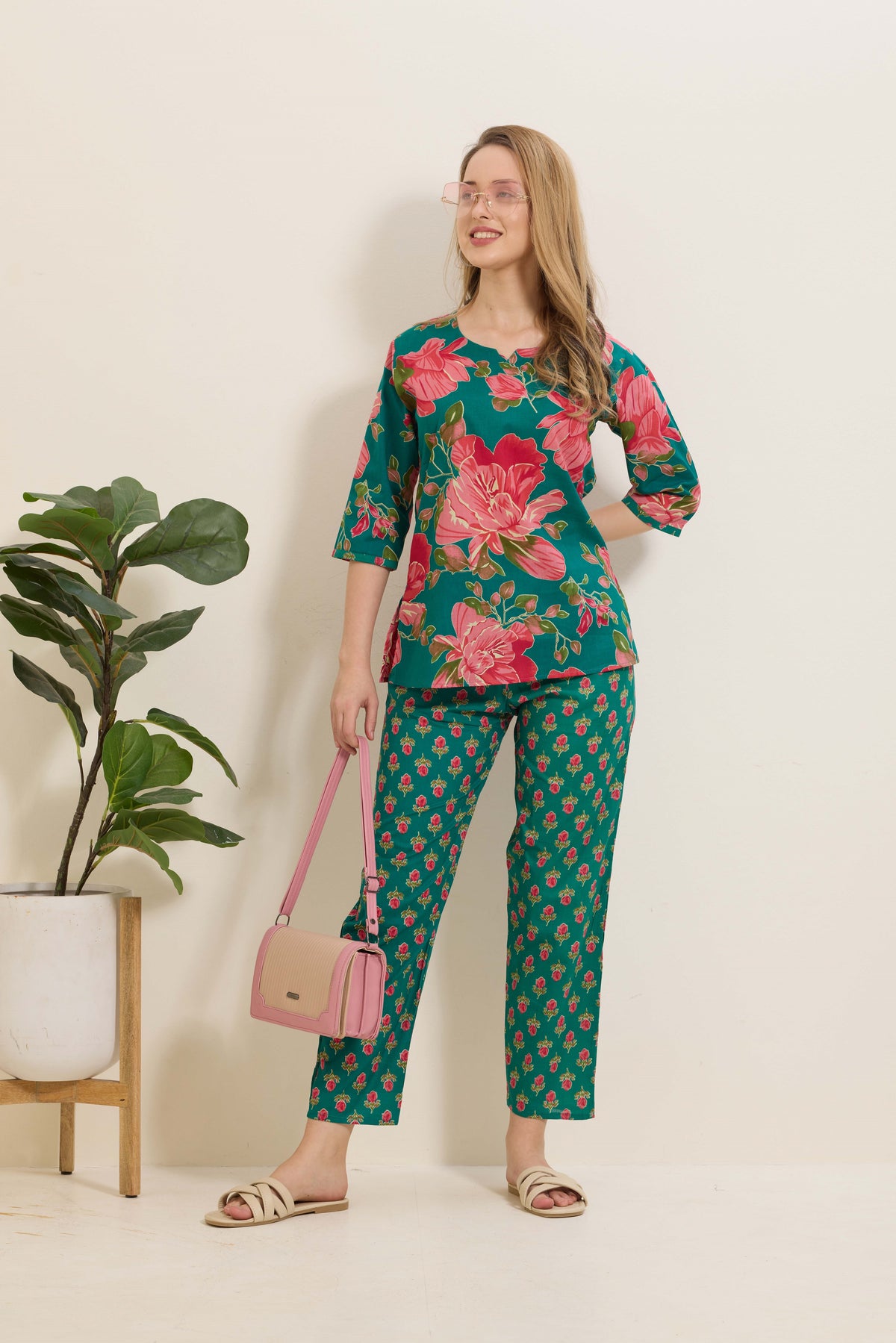 MANGAI Premium Cotton Printed Night Suits | Stylish Print's All Over | Top & Bottom Set | 3/4 Sleeve | Trendy Night Suits for Stylish Women's (TPS-3/4)