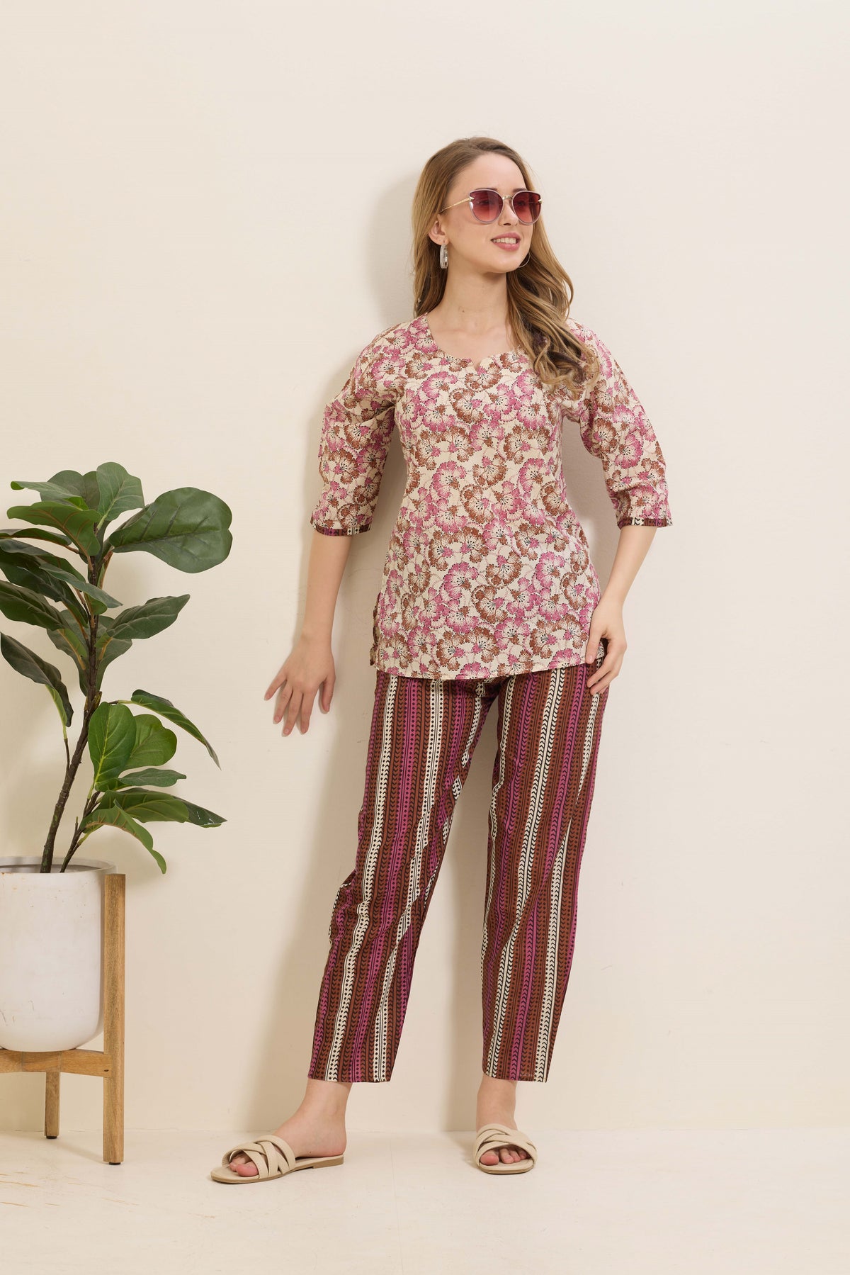 MANGAI Premium Cotton Printed Night Suits | Stylish Print's All Over | Top & Bottom Set | 3/4 Sleeve | Trendy Night Suits for Stylish Women's (TPS-3/4)