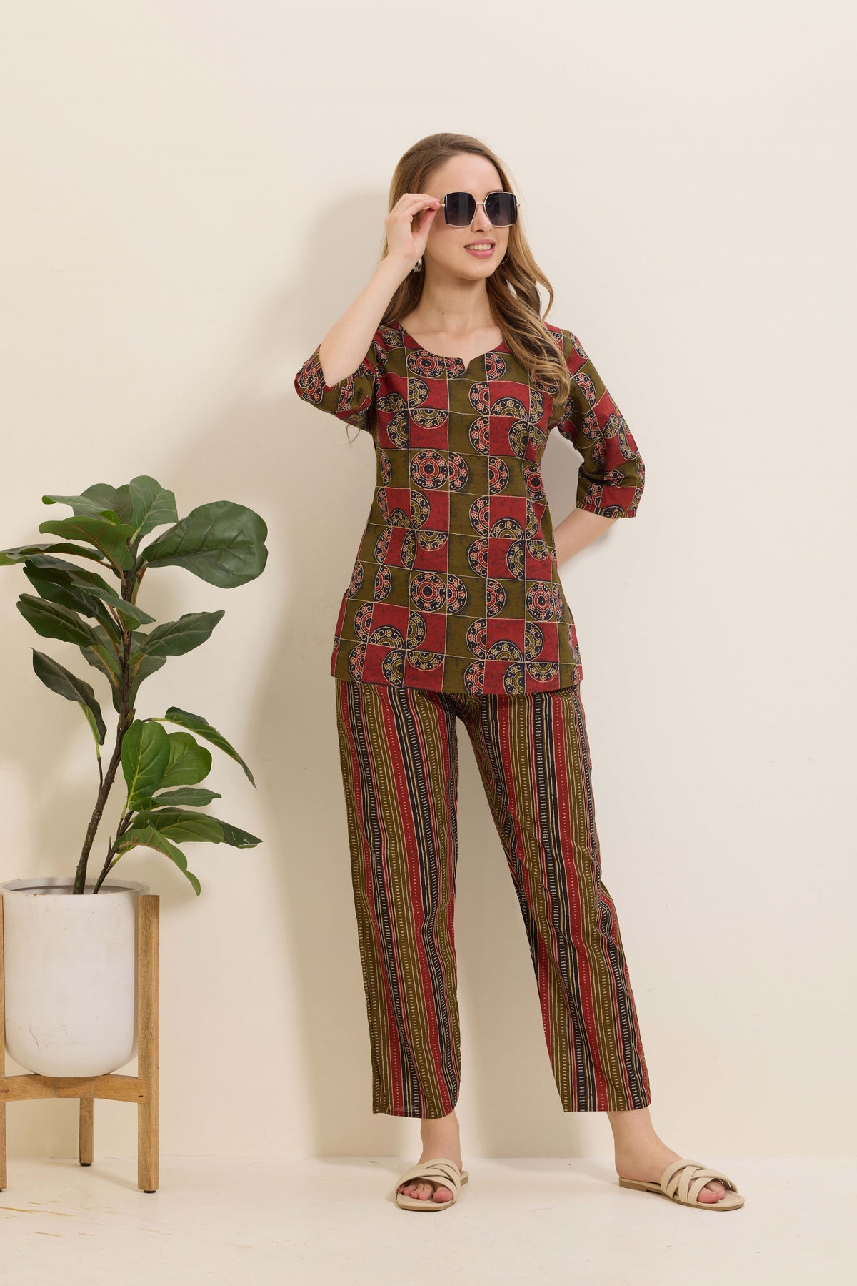 MANGAI Premium Cotton Printed Night Suits | Stylish Print's All Over | Top & Bottom Set | 3/4 Sleeve | Trendy Night Suits for Stylish Women's (TPS-3/4)