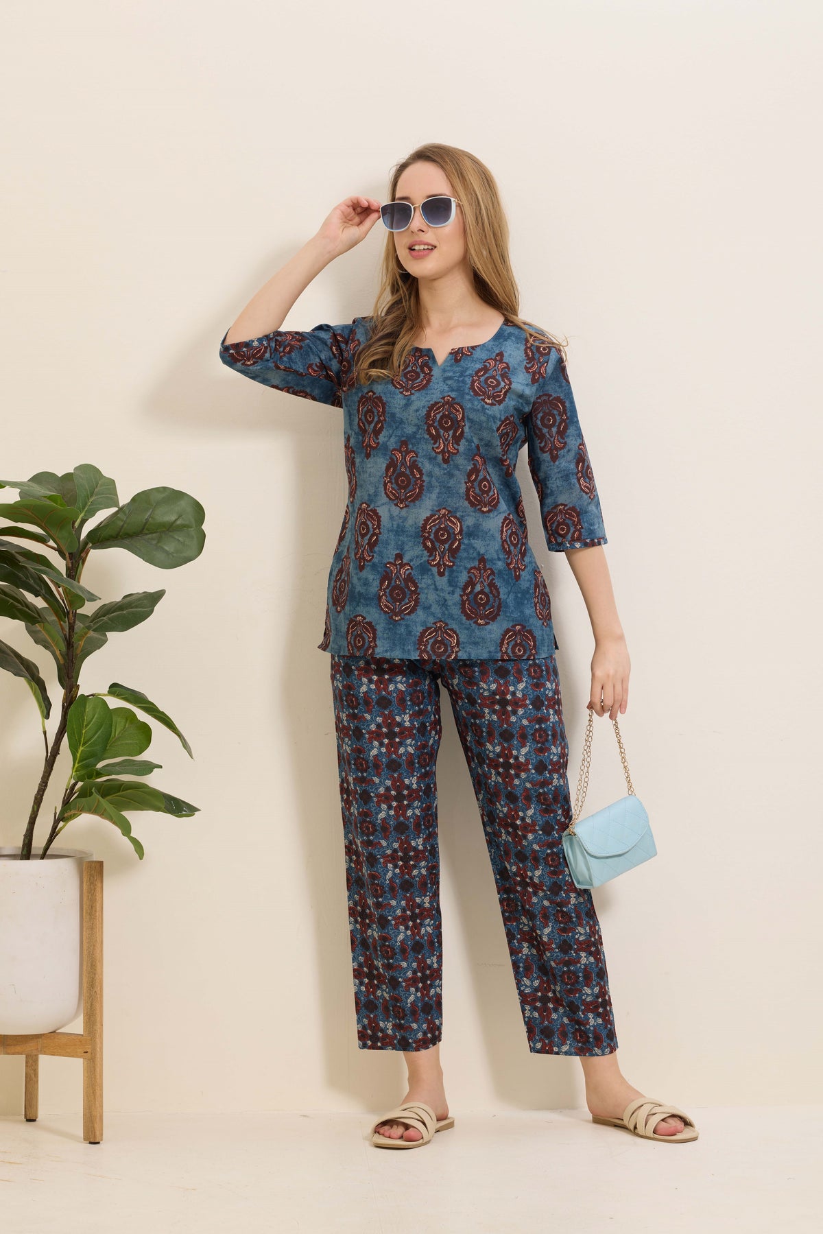 MANGAI Premium Cotton Printed Night Suits | Stylish Print's All Over | Top & Bottom Set | 3/4 Sleeve | Trendy Night Suits for Stylish Women's (TPS-3/4)