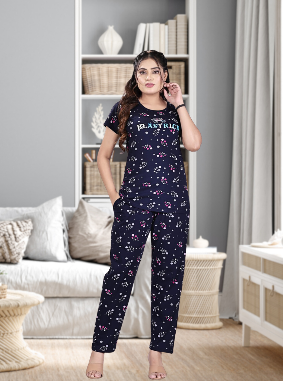 MANGAI Stylish HOSIERY Round Neck Night Suits | Stylish Print's All Over | Top & Bottom Set | Half Sleeve | Trendy Night Suits for Stylish Women's (HRPS)