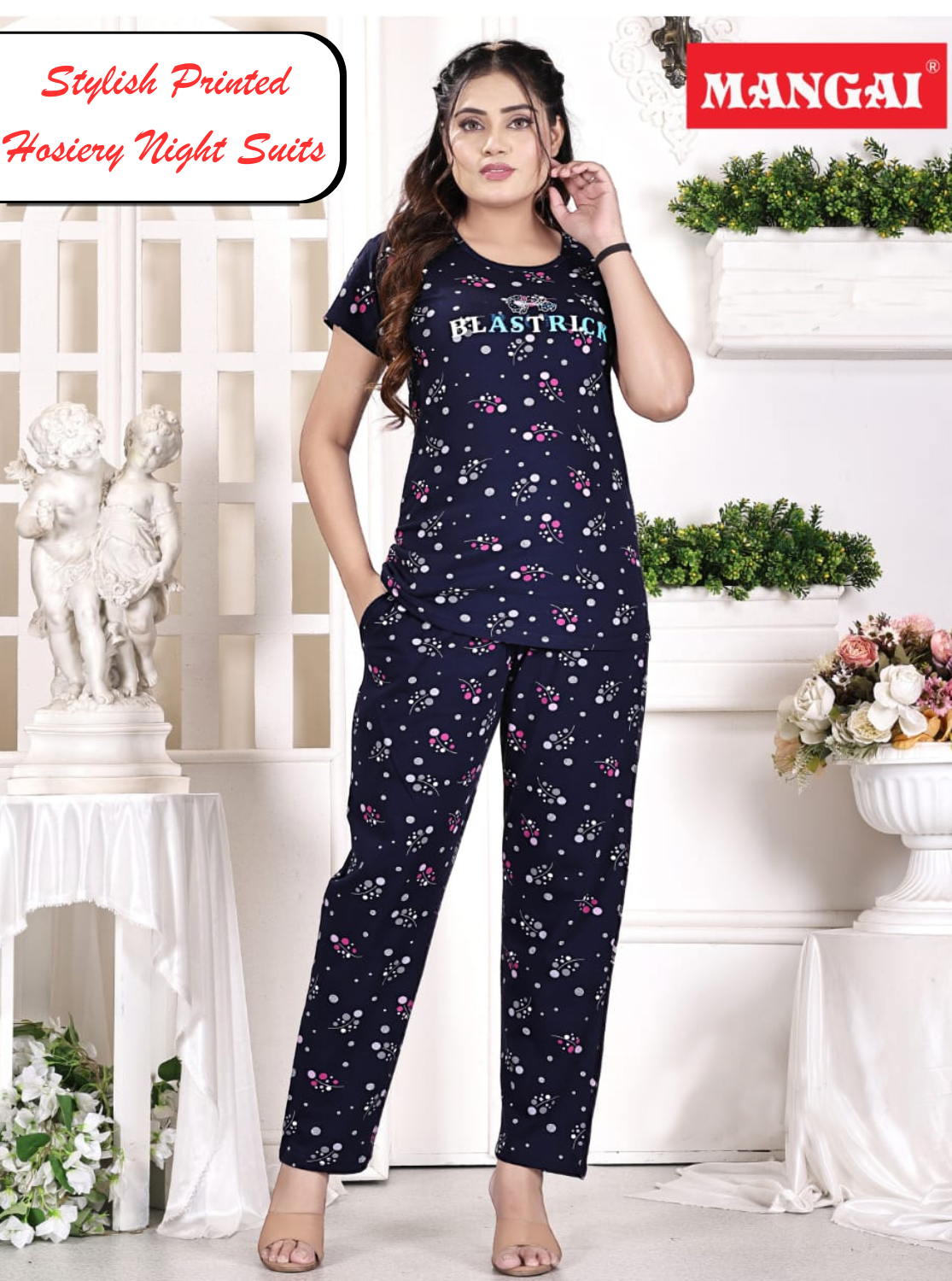 MANGAI Stylish HOSIERY Round Neck Night Suits | Stylish Print's All Over | Top & Bottom Set | Half Sleeve | Trendy Night Suits for Stylish Women's (HRPS)