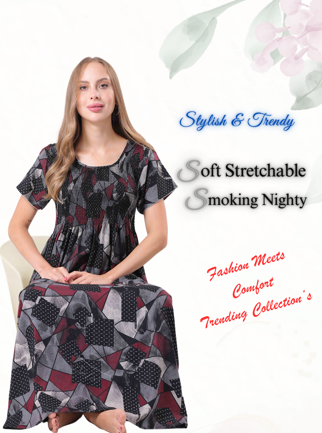 New Arrivals ALPINE Smocking Nighty | Beautiful Pleated Design | Side Pocket | Stylish Nighty for Trendy Women's | Your Perfect Nightwear Collection's (ALS)