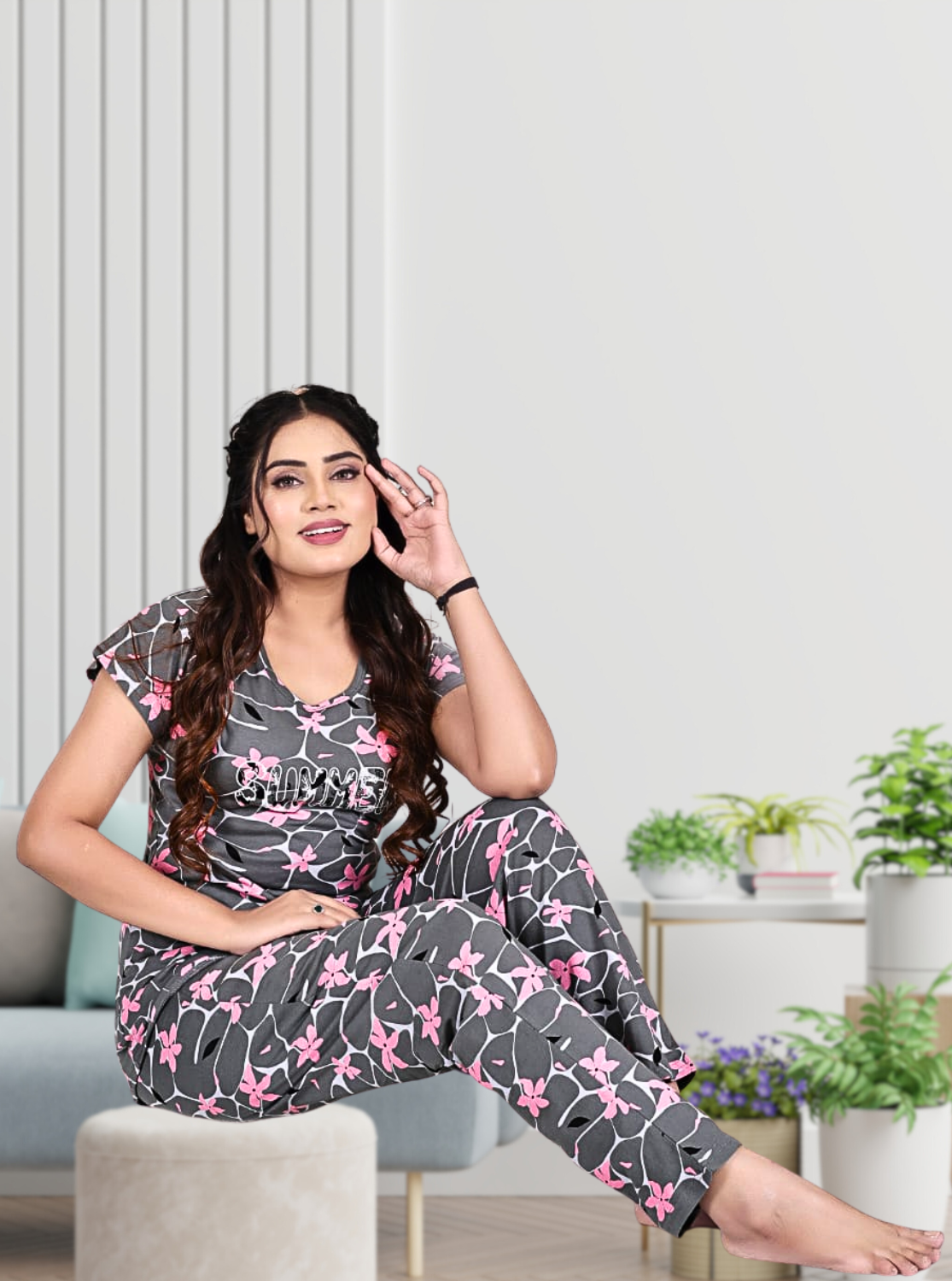 MANGAI Stylish HOSIERY Round Neck Night Suits | Stylish Print's All Over | Top & Bottom Set | Half Sleeve | Trendy Night Suits for Stylish Women's (HRPS)