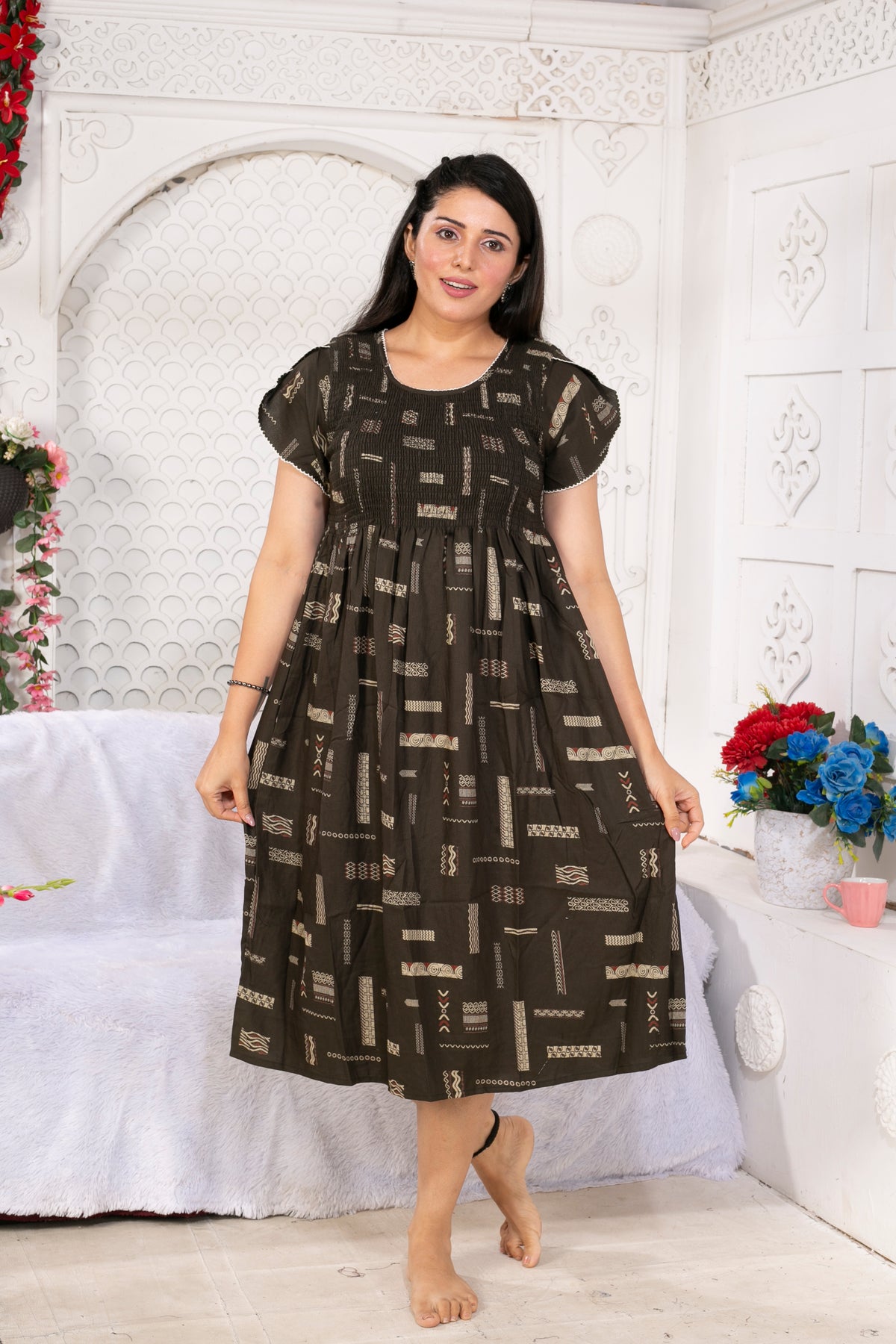 Alpine Smocking Maxi Frock Model Nightgown for Trendy Women's & Teenage Girl's | Stretchable Comfort to Body Fit | Side Pocket & Stylish Round Neck MAXI Gown for Women's Teenage Girl's (ASM)