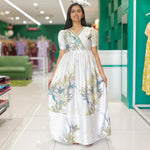 Cream Floral Rayon Frock with Puff Sleeves and Pocket - Mangai Nighties