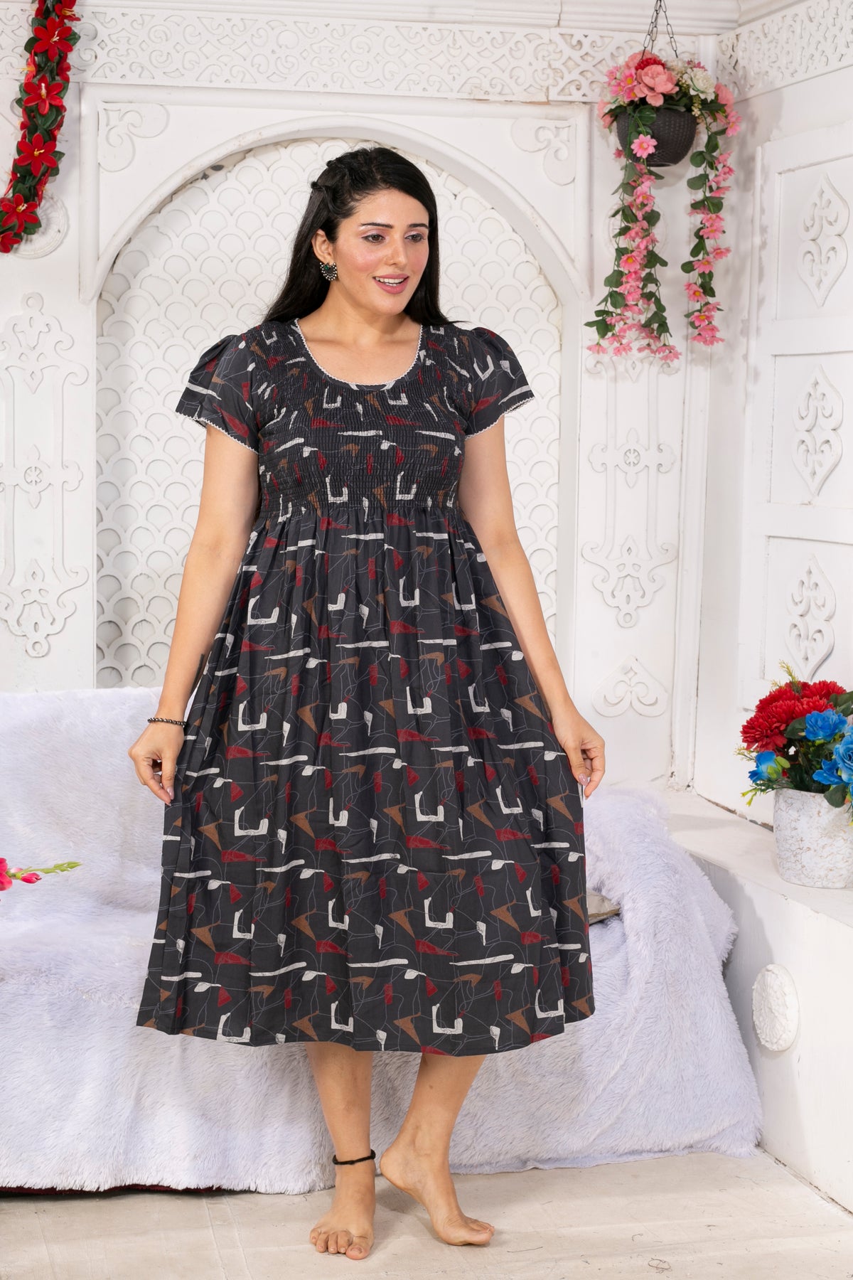 Alpine Smocking Maxi Frock Model Nightgown for Trendy Women's & Teenage Girl's | Stretchable Comfort to Body Fit | Side Pocket & Stylish Round Neck MAXI Gown for Women's Teenage Girl's (ASM)