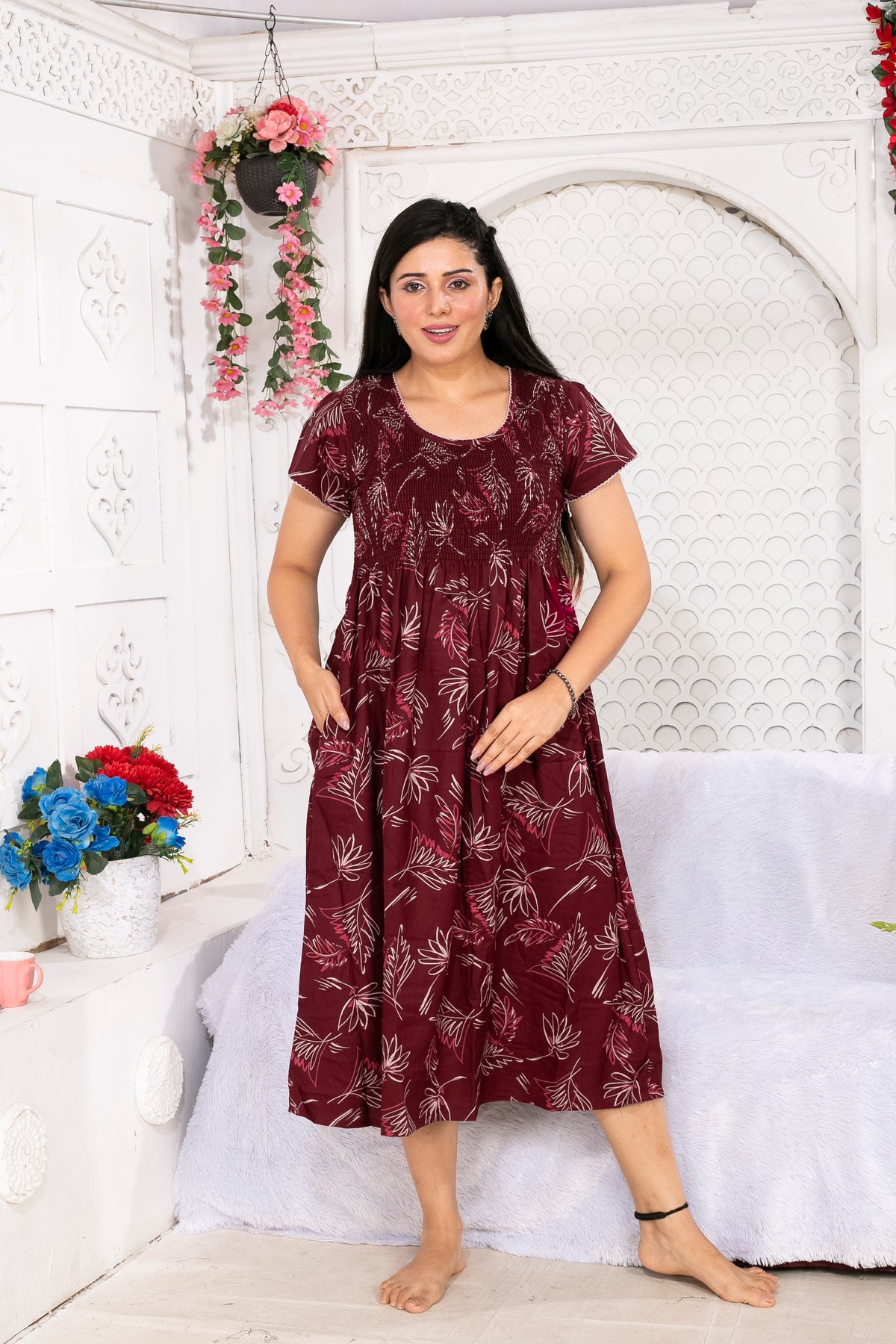 Alpine Smocking Maxi Frock Model Nightgown for Trendy Women's & Teenage Girl's | Stretchable Comfort to Body Fit | Side Pocket & Stylish Round Neck MAXI Gown for Women's Teenage Girl's (ASM)