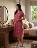 Onyx & Cream Katha-Print Premium Cotton Maternity Maxi – Dual Invisible Zipper Feeding Dress with Square Neck & Puff Sleeves