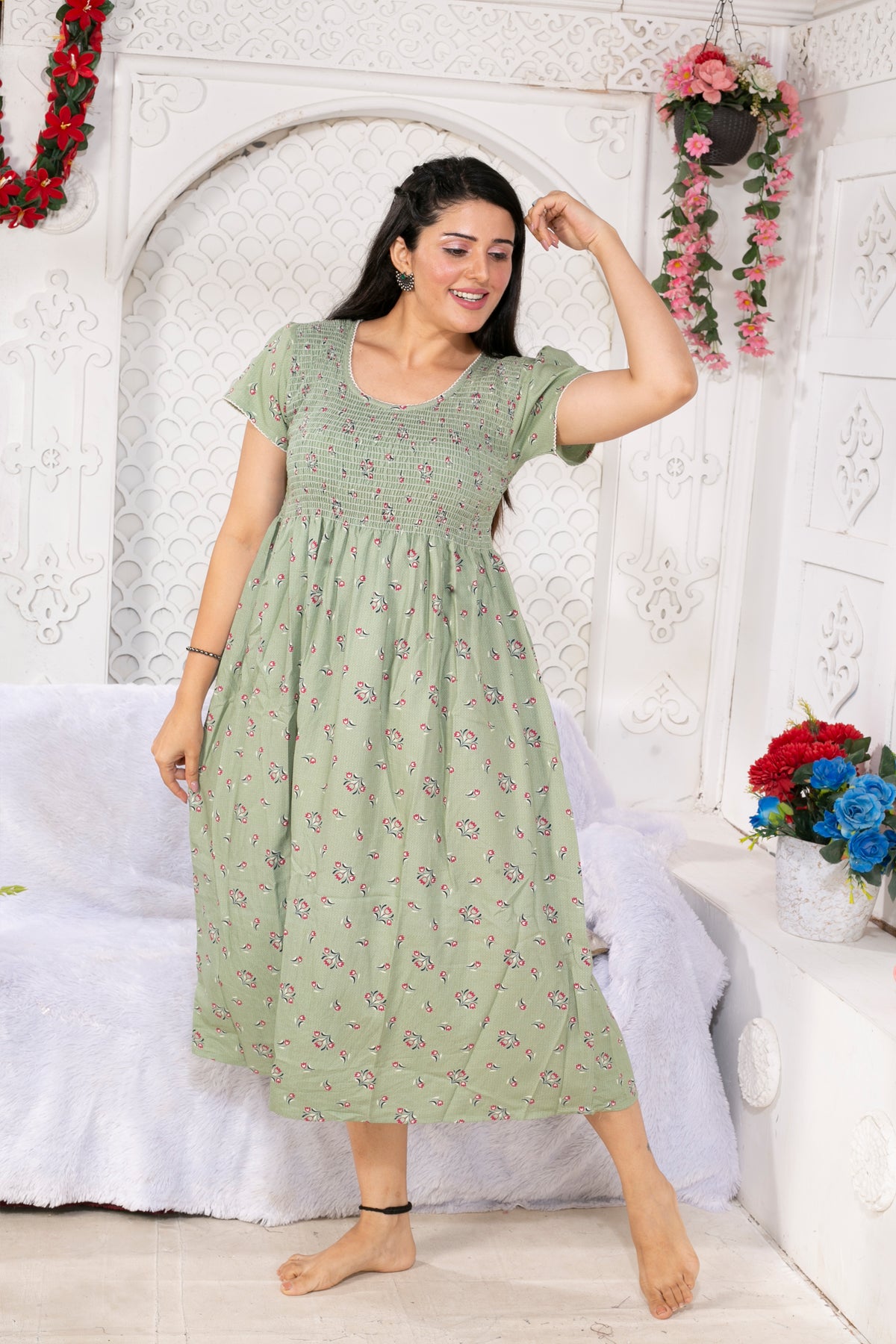 Alpine Smocking Maxi Frock Model Nightgown for Trendy Women's & Teenage Girl's | Stretchable Comfort to Body Fit | Side Pocket & Stylish Round Neck MAXI Gown for Women's Teenage Girl's (ASM)