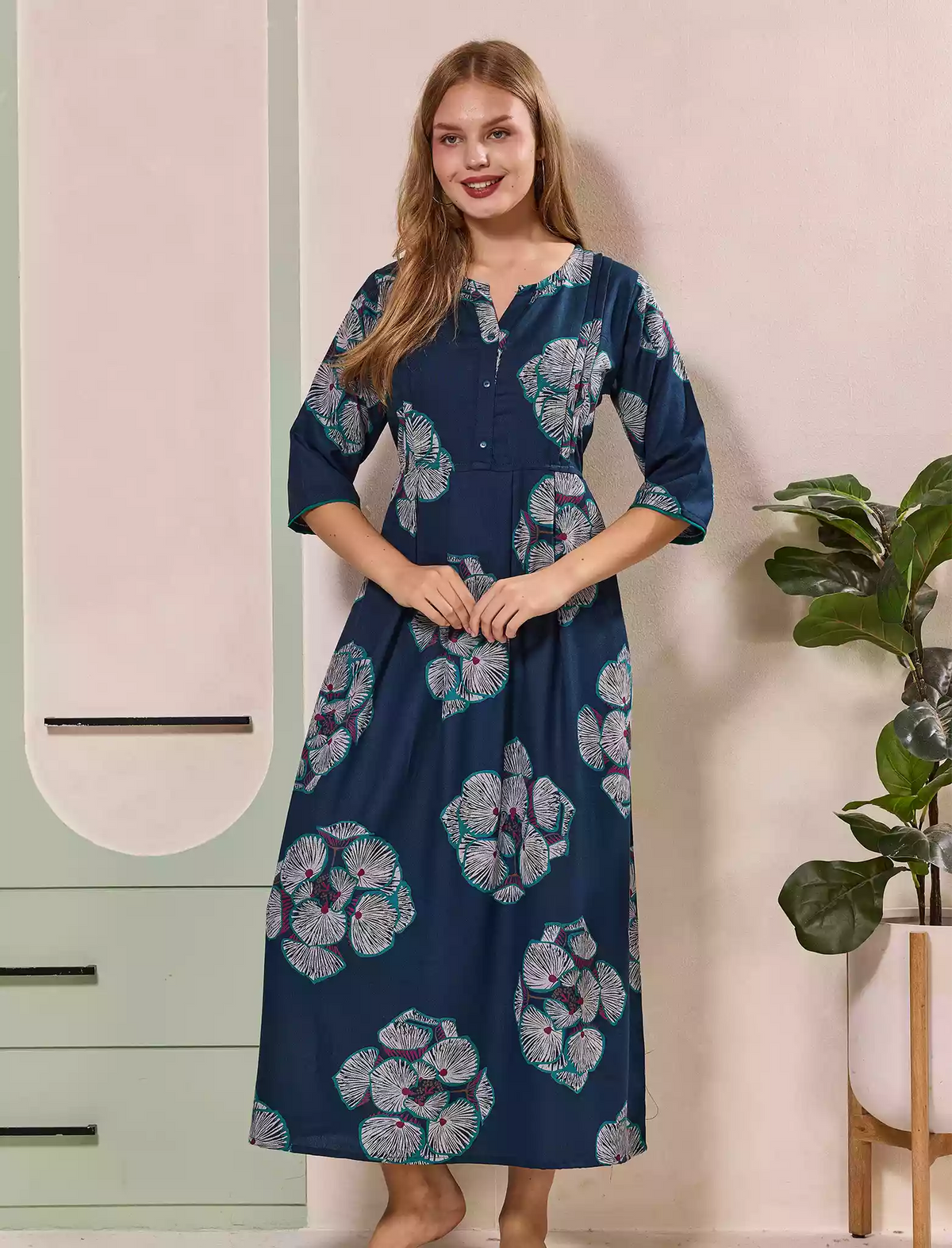 Floral Print Kurti Style Long Sleeve with Pocket – Mangai Nighties