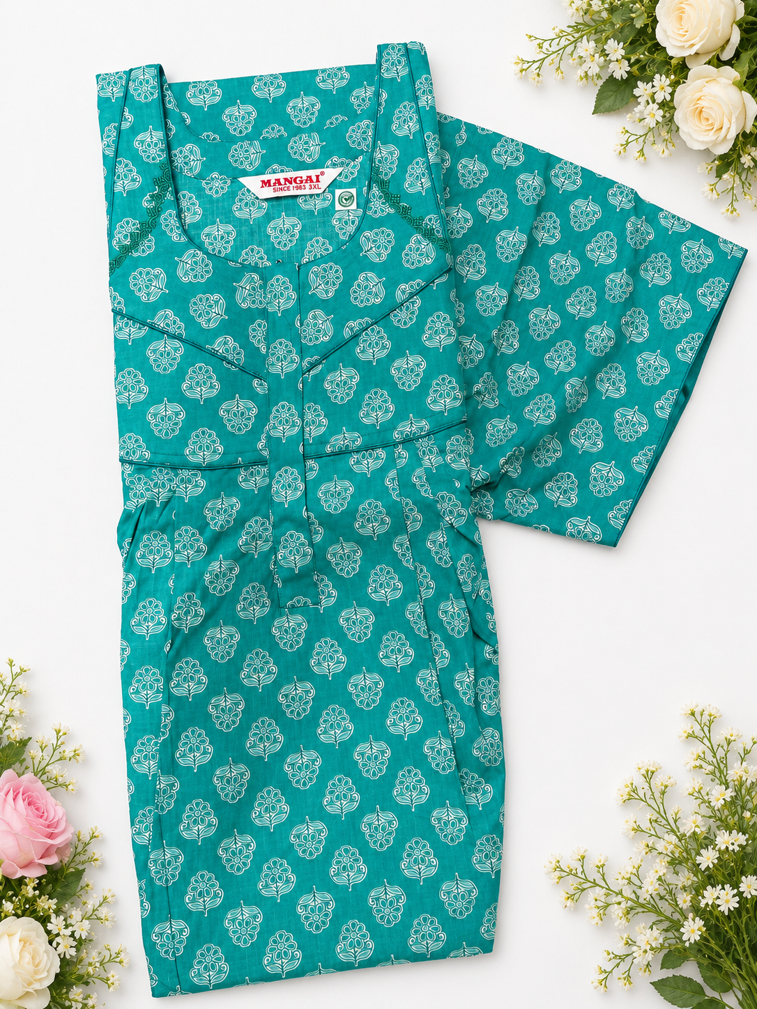 MANGAI Premium Cotton Printed Pleated Model Half Sleeve 4XL Size Nighties (4PZ)