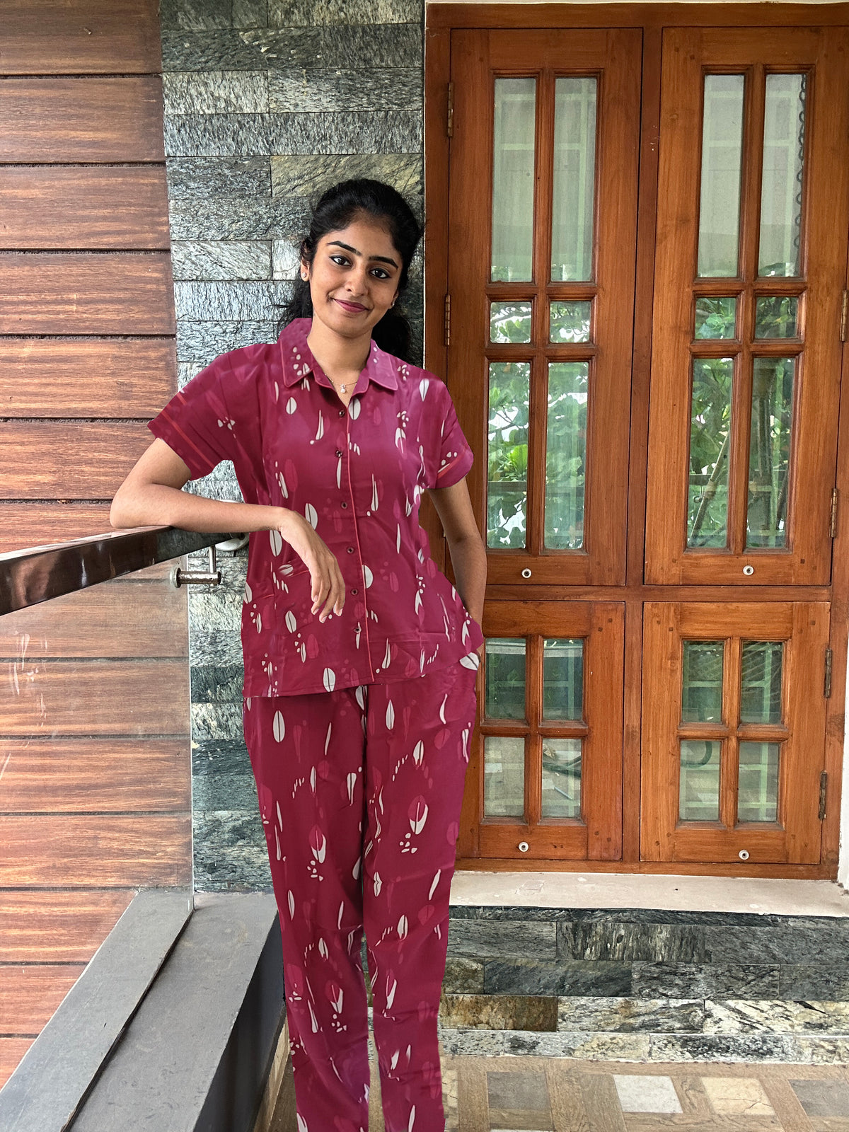 MANGAI Premium RAYON Printed Stylish Collar Night Suits | Stylish Print's All Over | Top & Bottom Set | Half Sleeve | Trendy Night Suits for Stylish Women's (RCNS-CLR)