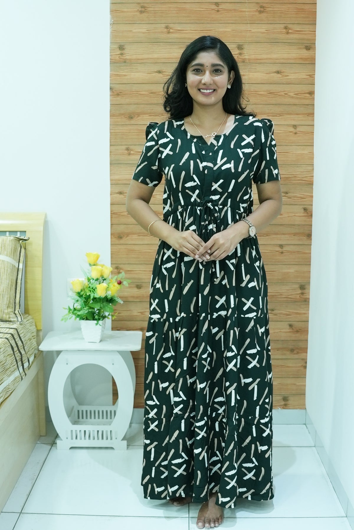 Stylish Arrivals Rayon Gathering Frock Model Night Gown's | Front Adjustable Gathering Style Rope Rope | Puff Sleeve | Trending Collection's for Stylish Women's (GFK)