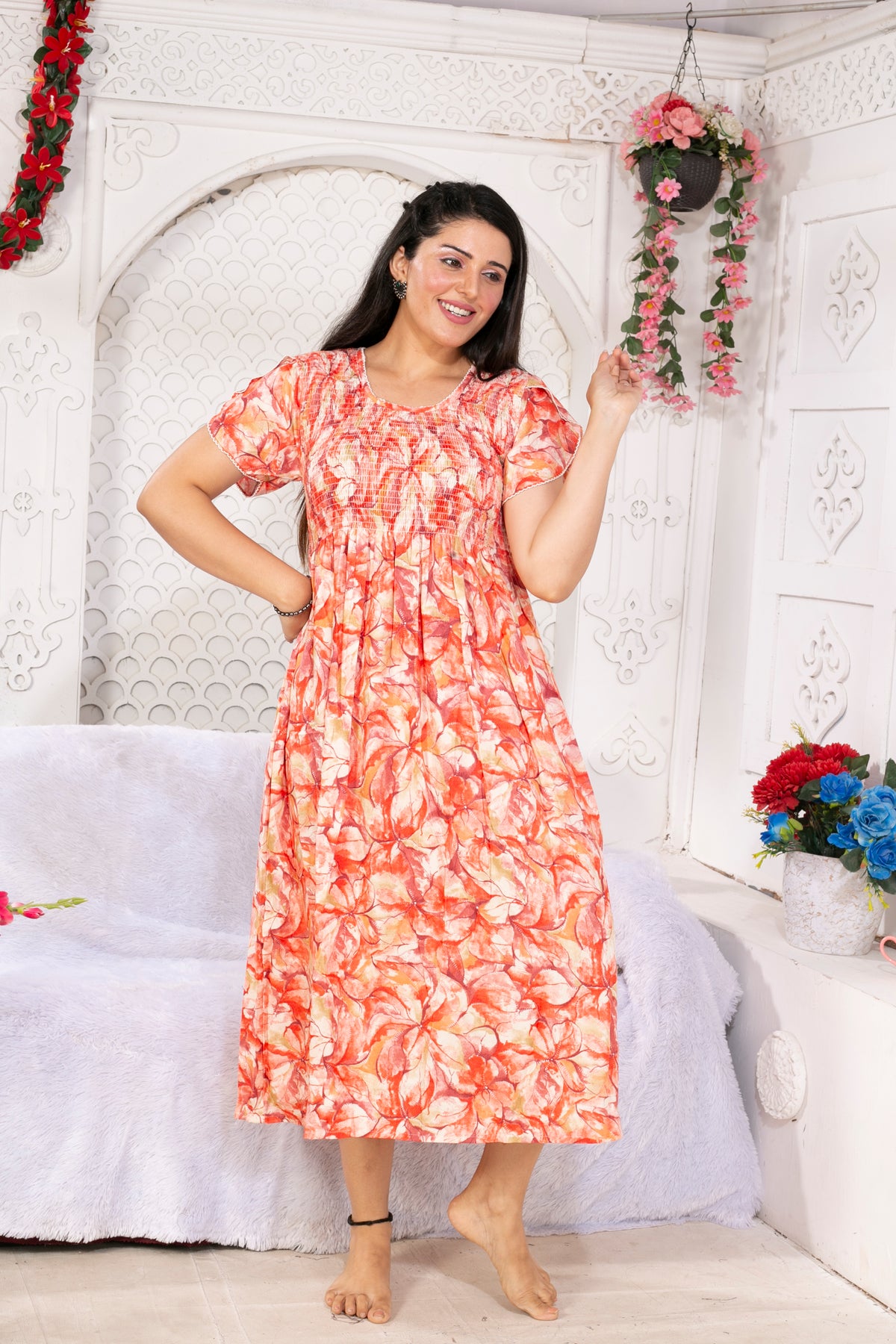 Alpine Smocking Maxi Frock Model Nightgown for Trendy Women's & Teenage Girl's | Stretchable Comfort to Body Fit | Side Pocket & Stylish Round Neck MAXI Gown for Women's Teenage Girl's (ASM)