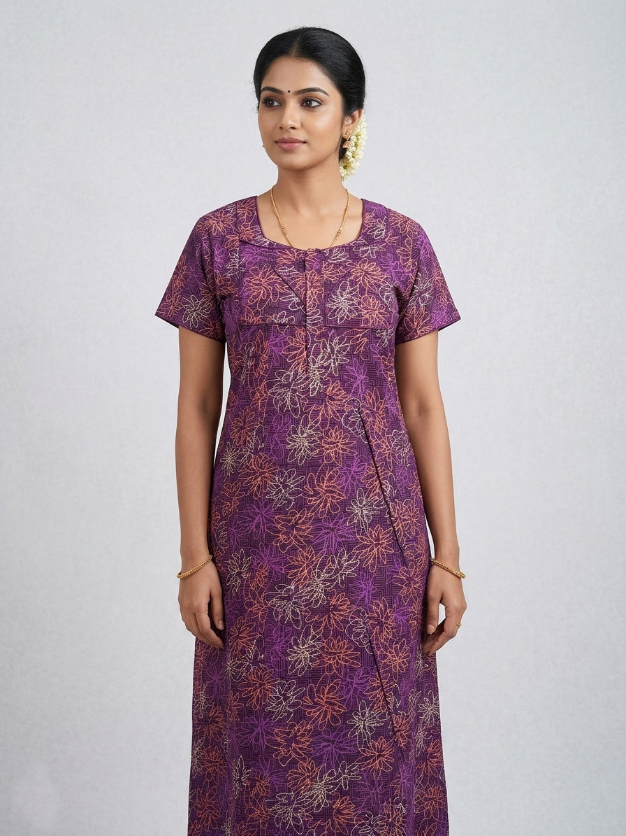 MANGAI Cotton Printed Pleated Model Half Sleeve 5XL Size Nighties withFancy Neck | With Side Pocket (5PZ)