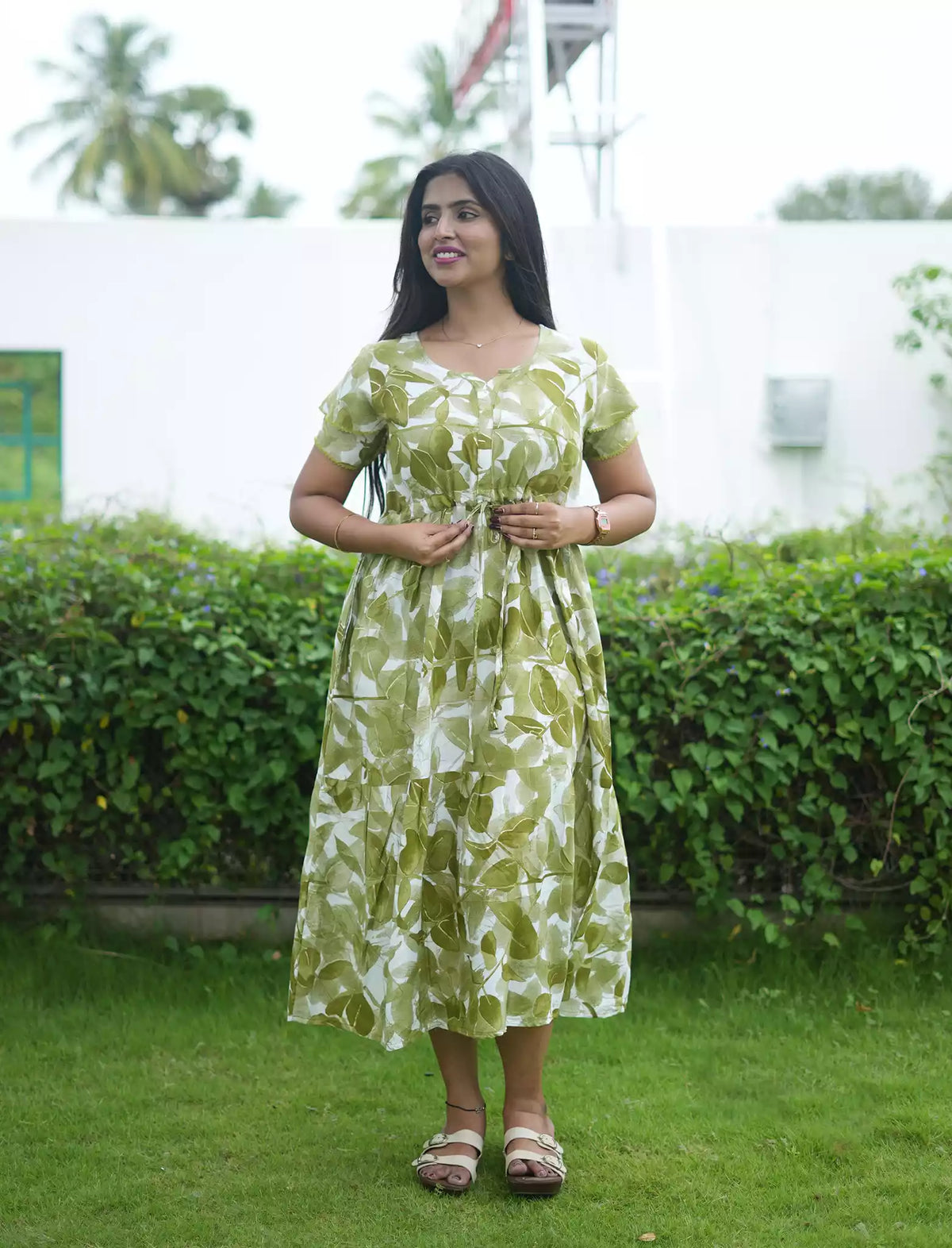 Rayon Leaf Print Gathering Maxi with Layer Sleeve - Mangai Nighties