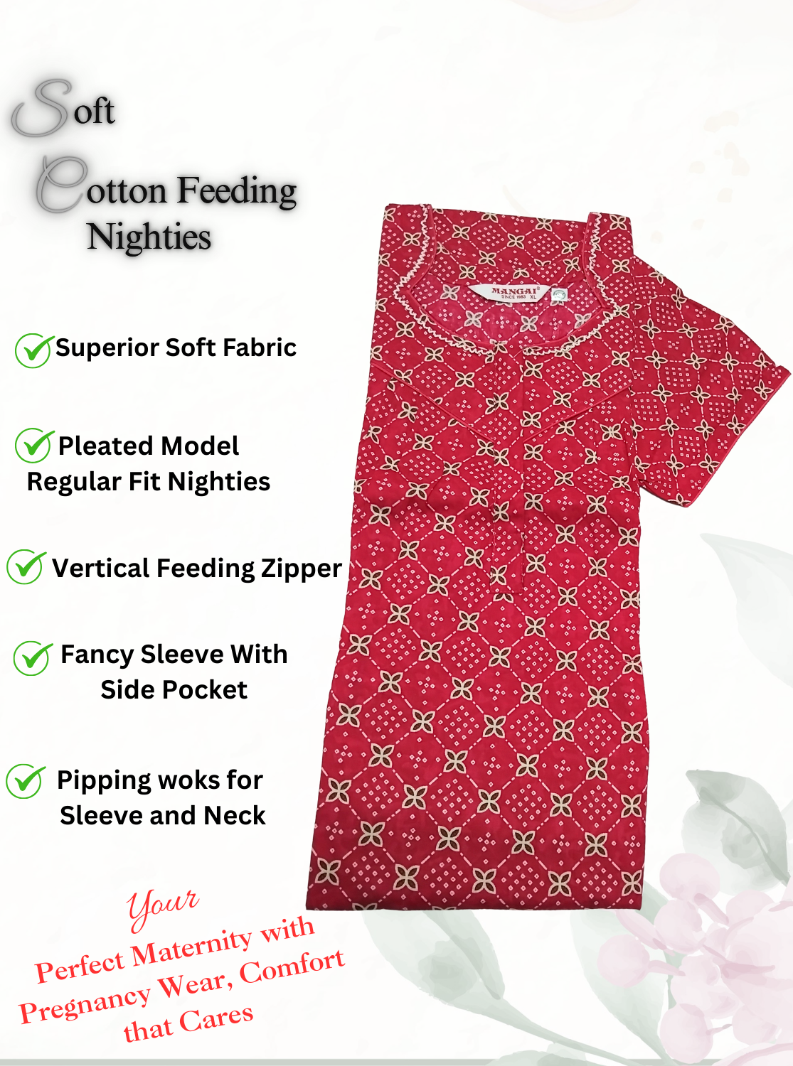 MANGAI Cotton Straight Zip Feeding Nighty |Post Pregnancy | Comfort and Style | Pleated Model | Soft Cotton Feeding Nighties (STF)