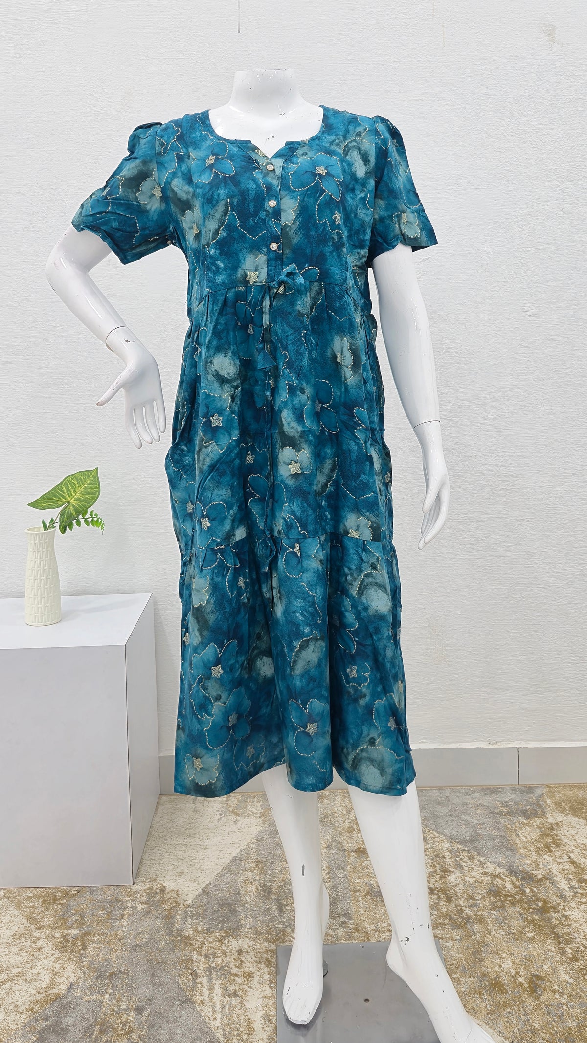 Rayon Colourful Foil Printing Gathering Frock Model Nighties | Side Pocket and Gathering Front Rope | Fancy Sleeve & Maxi Frock Nightwear for Stylish Women's (FGF)
